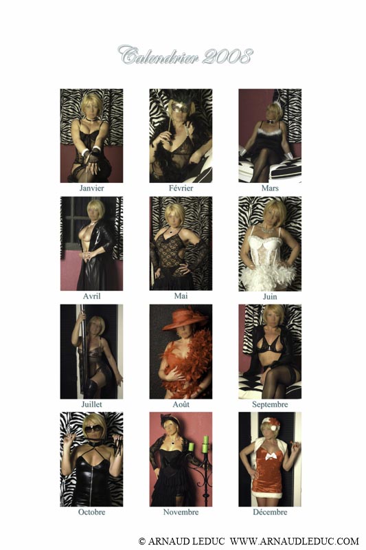 couverture d'un calendrier avec 12 miniatures d'une femme blonde dans différentes tenues